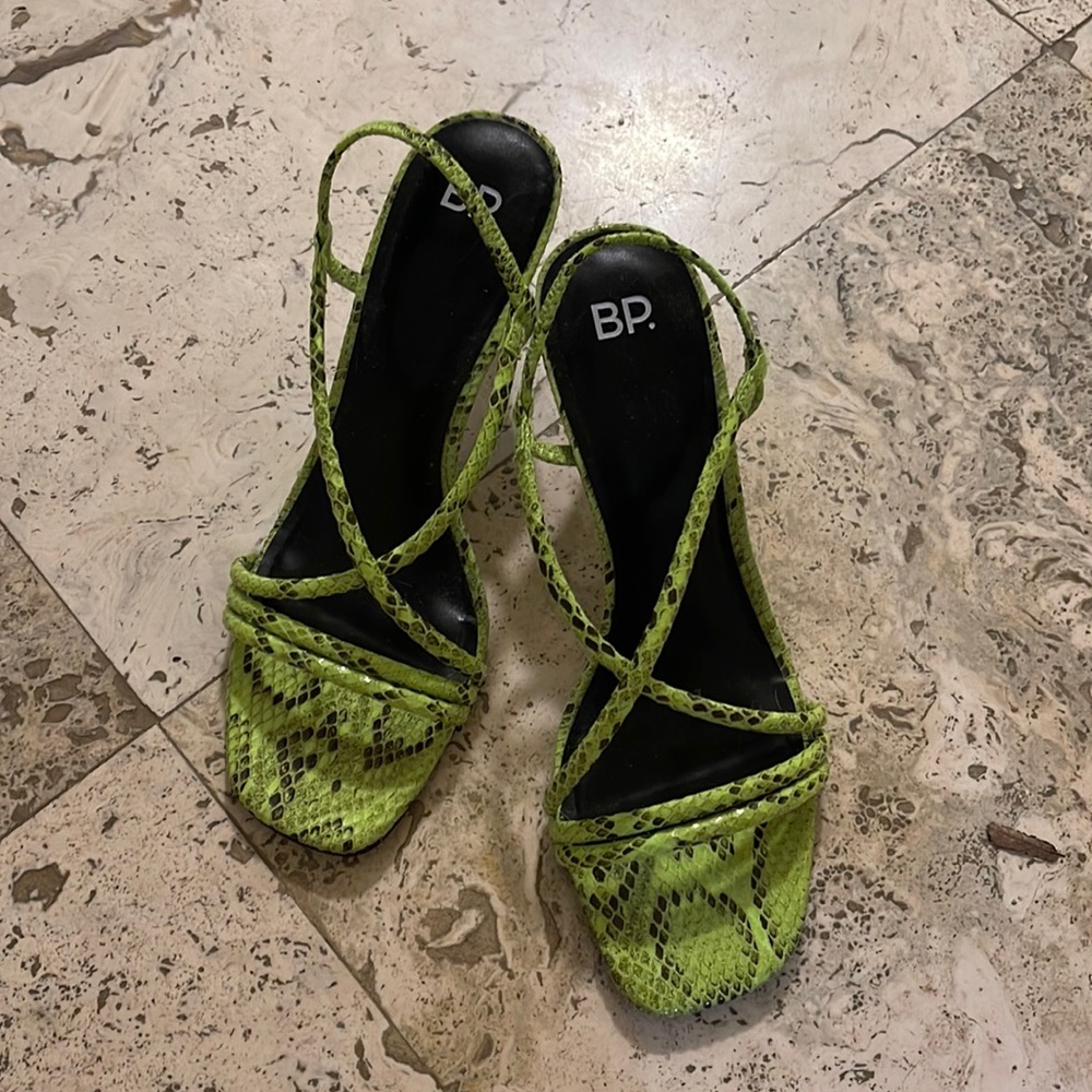 BP green snakeskin strappy sandals